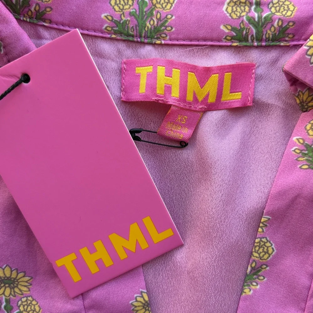 THML short-sleeve collared dress in a vibrant pink and yellow floral